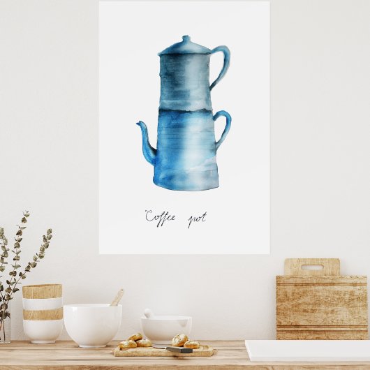 Handbeschilderde Waterverf  blauwe koffie pot Poster (Keuken)