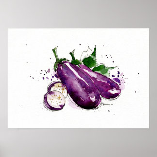 Handbeschilderde waterverf Eggplant, Keukenwandkun Poster
