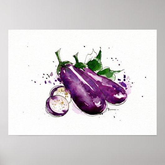 Handbeschilderde waterverf Eggplant, Keukenwandkun Poster (Voorkant)