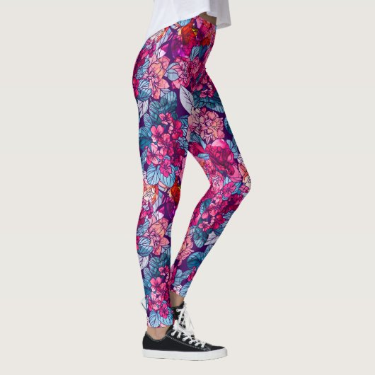 Handbeschilderde Waterverf Floral Pattern Roze Paa Leggings (Rechts)