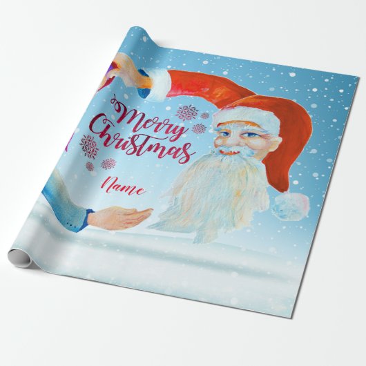 Handbeschilderde Waterverf Magische Kerstman Cadeaupapier (Uitgerold)