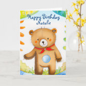 Handbeschilderde Waterverf Teddy Bear Verjaardag K Kaart (Gele Bloem)