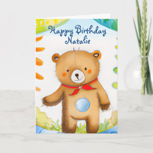 Handbeschilderde Waterverf Teddy Bear Verjaardag K Kaart
