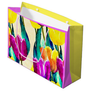 Handbeschilderde waterverf tulpen Geel Roze Groot Cadeauzakje