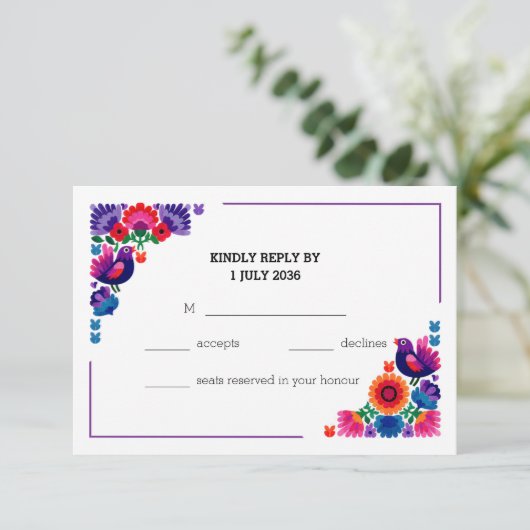 Handcrafted Colorful Folk Wedding Pattern RSVP Kaartje (Staand voorkant)
