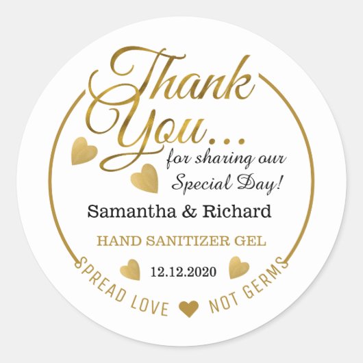 Handdesinfecter met spreid de liefde goud dank je ronde sticker (Voorkant)