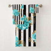 Handdoek set Aqua Blue Floral Black Vert. Stripes (Insitu)