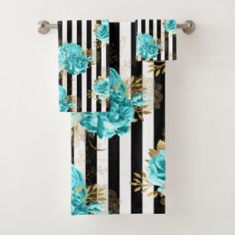 Handdoek set Aqua Blue Floral Black Vert. Stripes