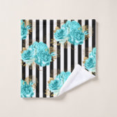 Handdoek set Aqua Blue Floral Black Vert. Stripes (Wasdoekje)