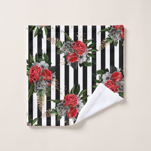 Handdoek stelde Red Grey Floral Black Vert. Stripe (Wasdoekje)