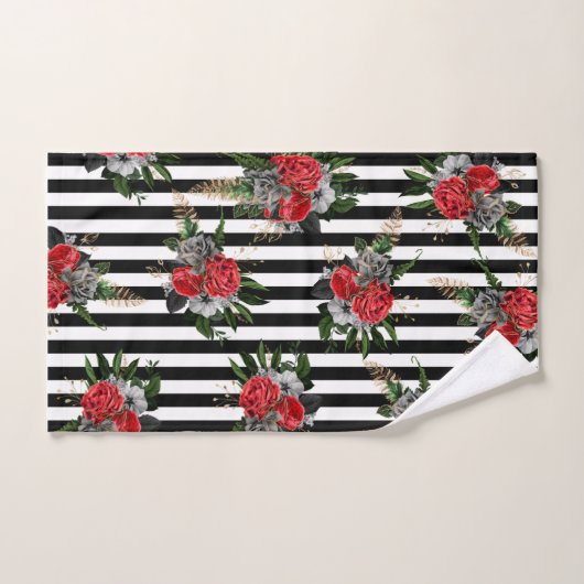 Handdoek stelde Red Grey Floral Black Vert. Stripe (Handdoek)