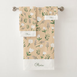 Handdoeken met eigen naam – Witte bloemen op vanil