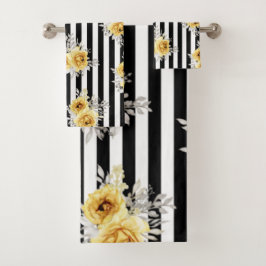 Handdoeken zetten geel Floral Vert. Black Stripes