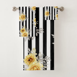 Handdoeken zetten geel Floral Vert. Black Stripes