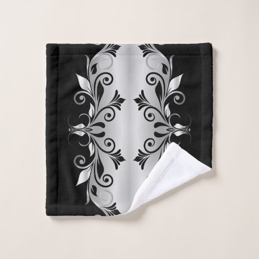 Handdoekset - Bloeit Zwart en Zilver Bad Handdoek (Wasdoekje)