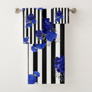 Handdoekset Royal Blue Floral Black Vert. Stripes Bad Handdoek