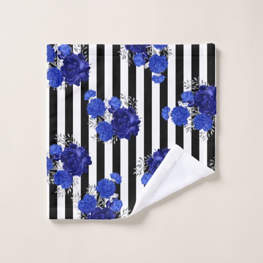 Handdoekset Royal Blue Floral Black Vert. Stripes Bad Handdoek (Wasdoekje)
