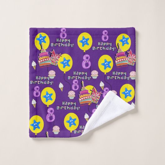Handdoeksets, #8 Happy 8th Birthday Paars Bad Handdoek (Wasdoekje)
