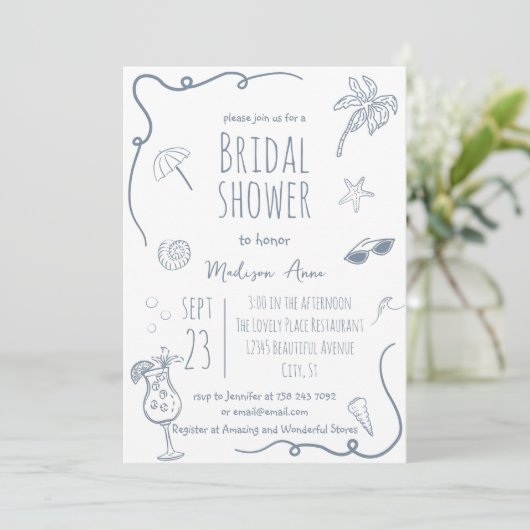 HandDrawn Beach Doodle Illustrations Bridal Shower Kaart (Staand voorkant)