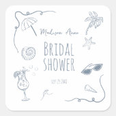 HandDrawn Beach Doodle Illustrations Bridal Shower Vierkante Sticker (Voorkant)