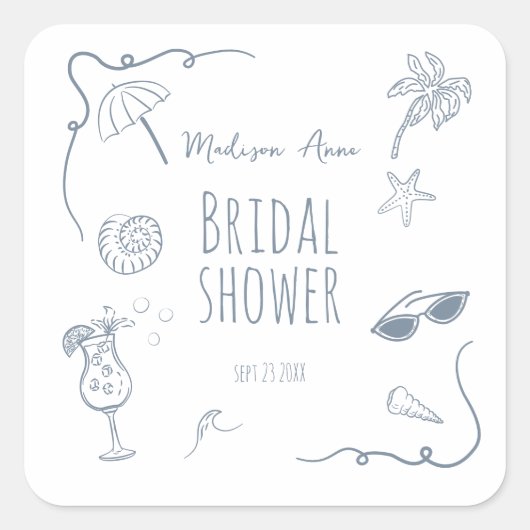 HandDrawn Beach Doodle Illustrations Bridal Shower Vierkante Sticker (Voorkant)