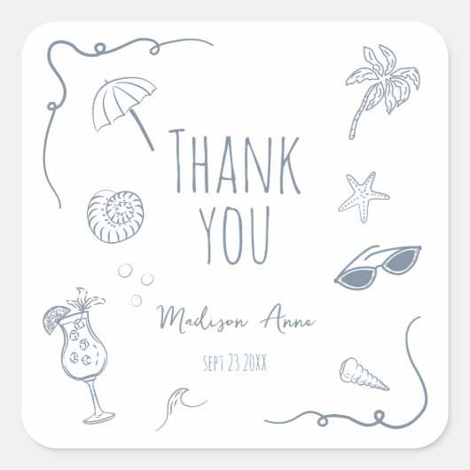 HandDrawn Beach Doodle Thank You Bridal Shower Vierkante Sticker (Voorkant)