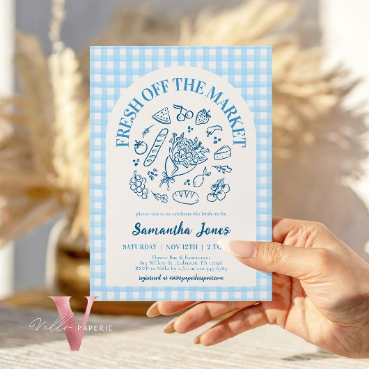Handdrawn Blue Fresh Off the Market Bridal Shower Kaart