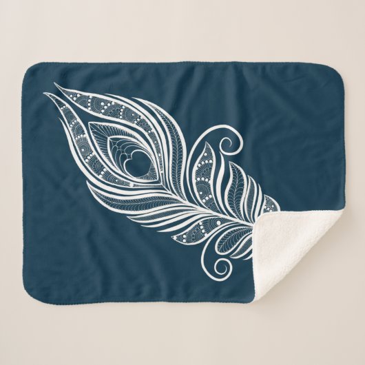 Handdrawn peacock feather in henna style sherpa deken (Voorkant (horizontaal))