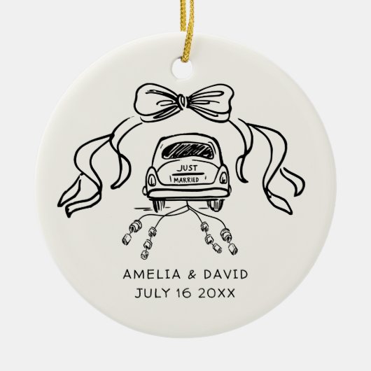 Handdrawn Retro Wedding Car Just Married Photo Keramisch Ornament (Voorkant)