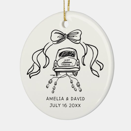 Handdrawn Retro Wedding Car Just Married Photo Keramisch Ornament (Links)