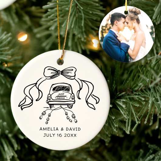 Handdrawn Retro Wedding Car Just Married Photo Keramisch Ornament
