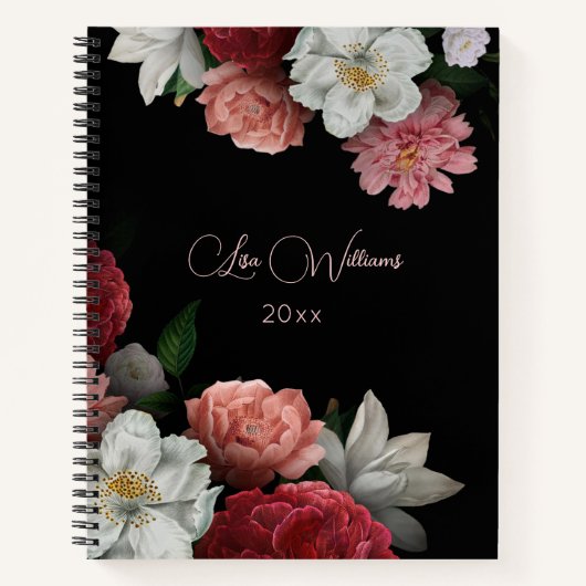 Handdrawn Vintage Roses Black Background Notitieboek (Voorkant)