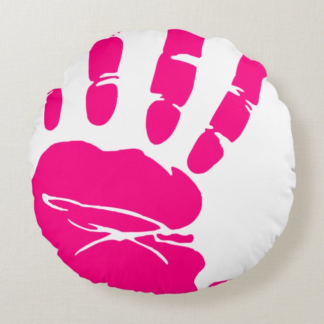 handdrukroze kunstpalm rond kussen (Voorkant)