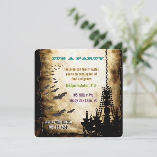 handelier en Bat Halloween Party Kaart (Staand voorkant)
