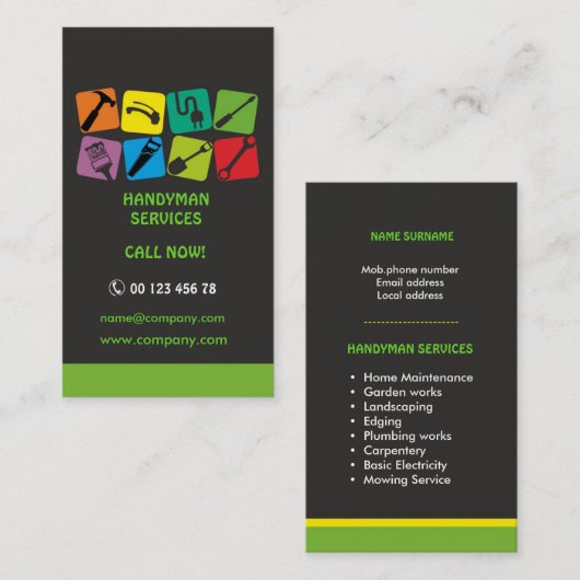 Handelsbemiddeling, huisonderhoud visitekaartje (Voorkant / Achterkant)