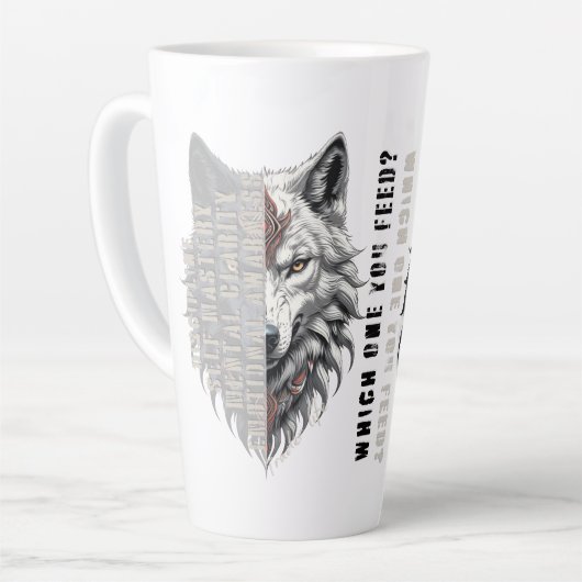 Handelsleven | Witte wolf vooraan | Zwarte wolf Latte Mok (Linkerhoek)