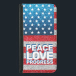 Handen af van Vrede Liefde Vooruitgang Amerika Vla<br><div class="desc">Vrede, liefde, vooruitgang! Vreedzaam protesteren met deze rode, witte en blauwe Amerikaanse vlag met faux glitter FX. Deze telefoonzaak symboliseert de voortdurende strijd voor burgerrechten en menselijke waardigheid. De anti-Trump protesten ontstoken een vuur van collectief verzet in de Verenigde Staten. Deze telefoonhoes spreekt niet alleen tot dit cruciale moment in...</div>