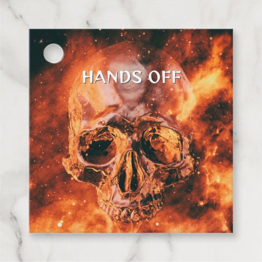 Handen af. Vlammende schedel in de ruimte Bedankjes Labels (Voorkant)