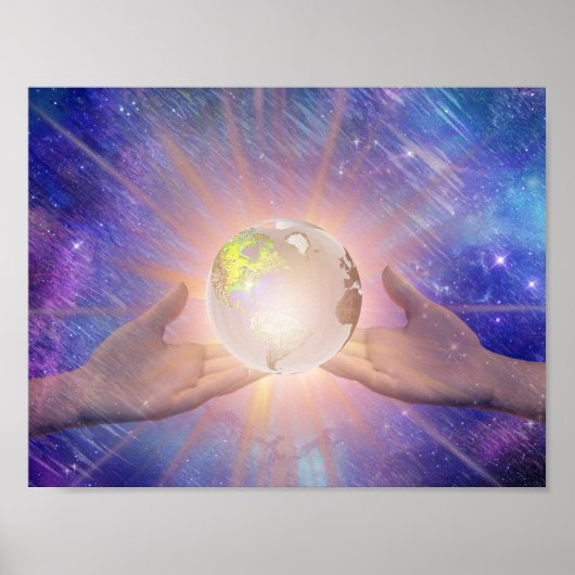 Handen die een gloeiend Wereldbol vasthouden. Poster (Voorkant)