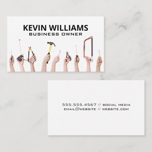 Handen die gereedschap vasthouden | Klusjesman Visitekaartje (Voorkant / Achterkant)