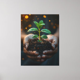 Handen die zaailinggroei hopen kunst vasthouden canvas afdruk