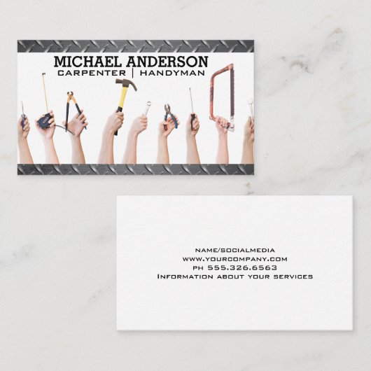 Handen houden gereedschap | timmerwerk visitekaartje (Voorkant / Achterkant)