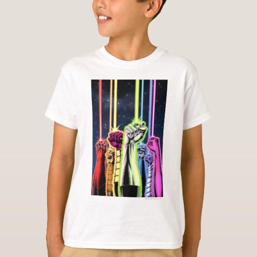 Handen in de lucht met ringen - Kleur T-shirt (Voorkant)