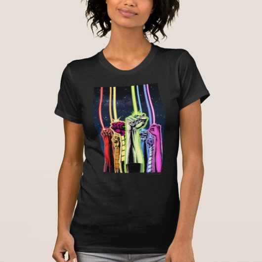 Handen in de lucht met ringen - Kleur T-shirt (Voorkant)