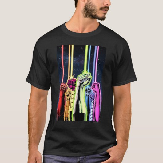Handen in de lucht met ringen - Kleur T-shirt (Voorkant)