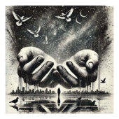 Handen loslaten van vogels in de lucht, zwart wit foto afdruk (Voorkant)