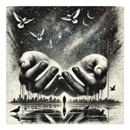 Handen loslaten van vogels in de lucht, zwart wit foto afdruk