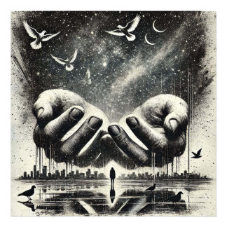 Handen loslaten van vogels in de lucht, zwart wit foto afdruk