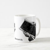 Handen met architecturale bouwtekeningen, vintage  koffiemok (Voorkant rechts)