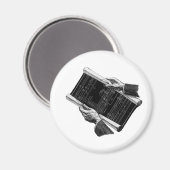 Handen met architecturale bouwtekeningen, vintage magneet (Voorkant / Achterkant)